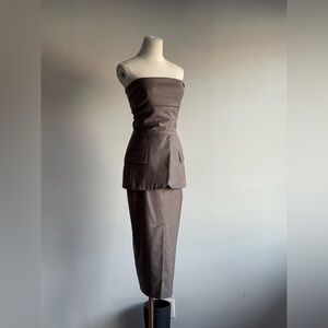 MAX MARA Strapless Pocket Peplum Midi Dress in Chocolate Brown